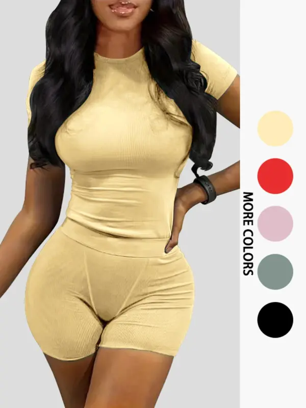 Women's Solid Ribbed Top & Skinny Shorts Set, Casual Comfy Round Neck Tee & Shorts For Yoga Gym Workout, Summer Clothes, Co ord Set Summer, Ladies Summer Clothing 2