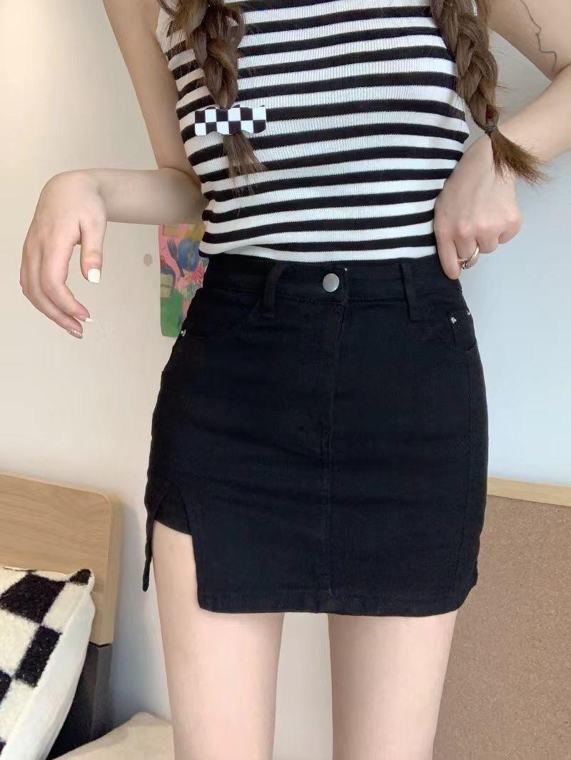 Product Introduction of Stretch Korean Style Denim Skirt Women's High Waist Anti-Exposure A- line Miniskirt and Divided Skirt Split Hip Skirt Summer 4