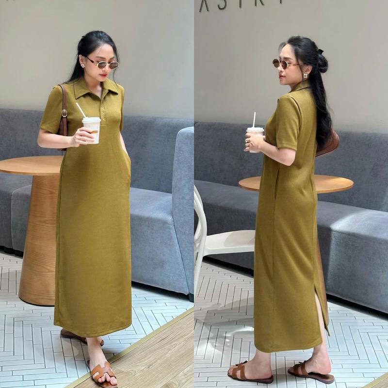 {Mẫu Mới} Váy Đầm Nữ Suông Dáng Dài Cổ Polo Tay Ngắn Chất Thun Tăm Nhí - (Bigsize 40-85kg)
