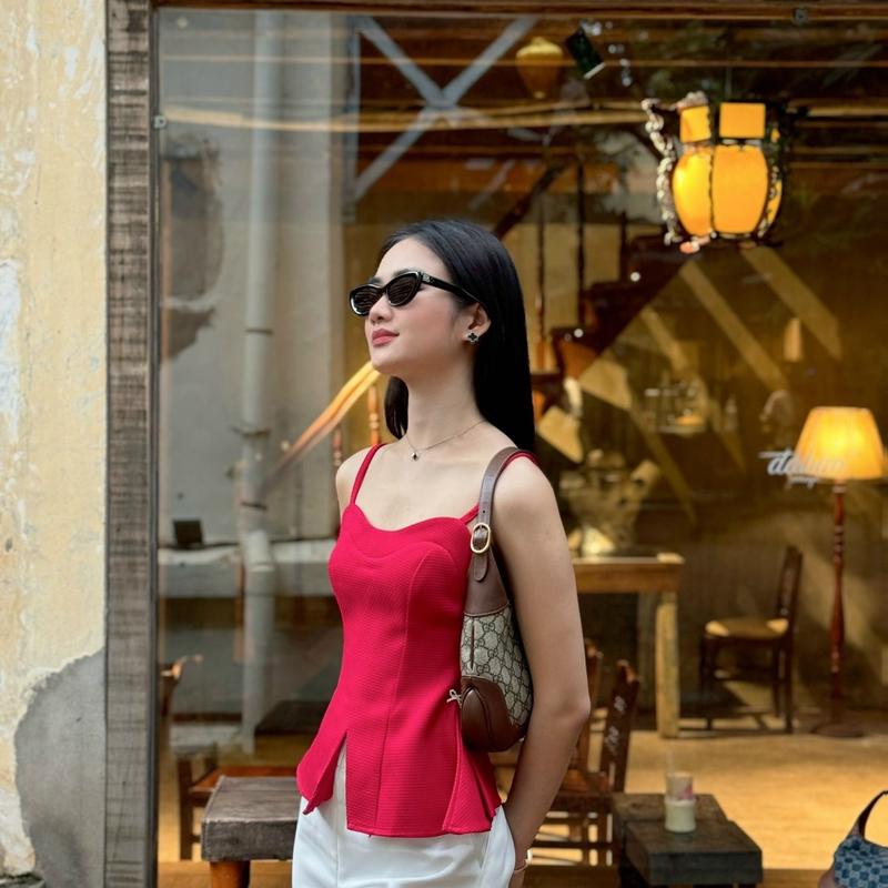 LT121-Relove Nio LT Áo đỏ 2 dây đính đá nơ xoè eo Ôm gọn