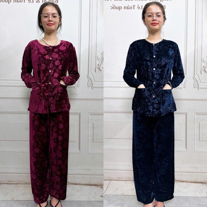 COMBO 2 BỘ NHUNG BÀ BA CHO BÀ, BỘ NHUNG BÀ BA XẺ TÀ CÓ SIZE TỪ 37KG TỚI 65KG TÚI ÁO 2 BÊN, ĐỦ 4 TÔNG  MÀU LỰA CHỌN