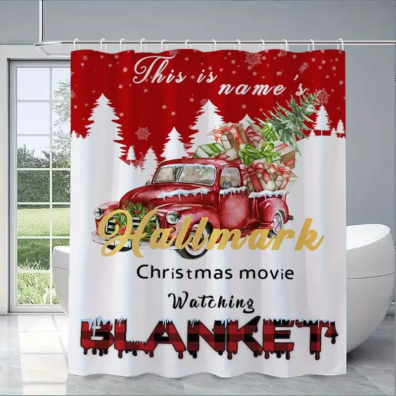 Christmas Themed Car & Tree Pattern Shower Curtain, 1 Count Waterproof Bathroom Curtain with Hooks, Bathroom Decor Supplies for Home Hotel Salon Dormitory 3