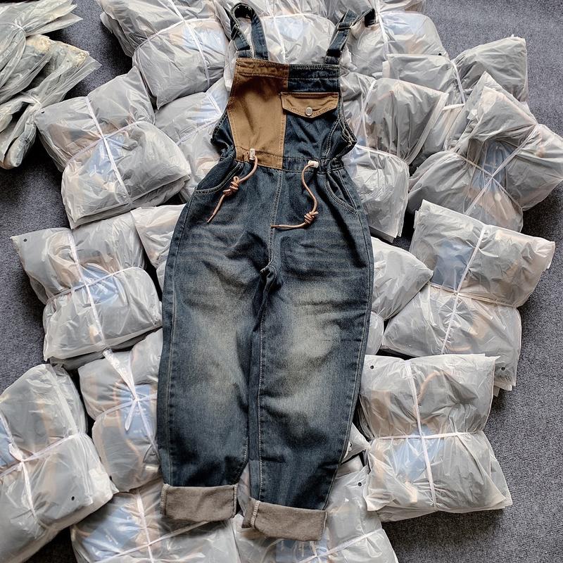 Quần yếm jean dài nữ phối màu trẻ trung Pants quần yếm dài rút dây eo