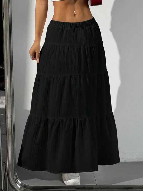 Women's Plain Ruffle Trim Skirt, Casual Fashion Long Skirt for Daily Wear, Ladies Bottoms for All Seasons, Womenswear 2