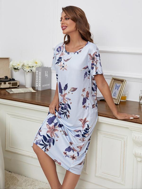 Women's Floral Print Round Neck Nightdress PJ, Casual Soft Comfy Short Sleeve Nightgown Nighties, Summer Clothes Women, Women's Pyjama Dress for Summer Daily Wear, Shortsleeve Women's Sleepwear 5