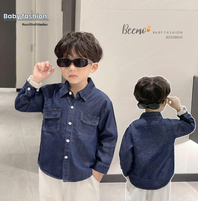  Áo sơ mi dài tay Beemo may chỉ nổi chất liệu giả bò cho bé trai 9-24kg B23398AD 