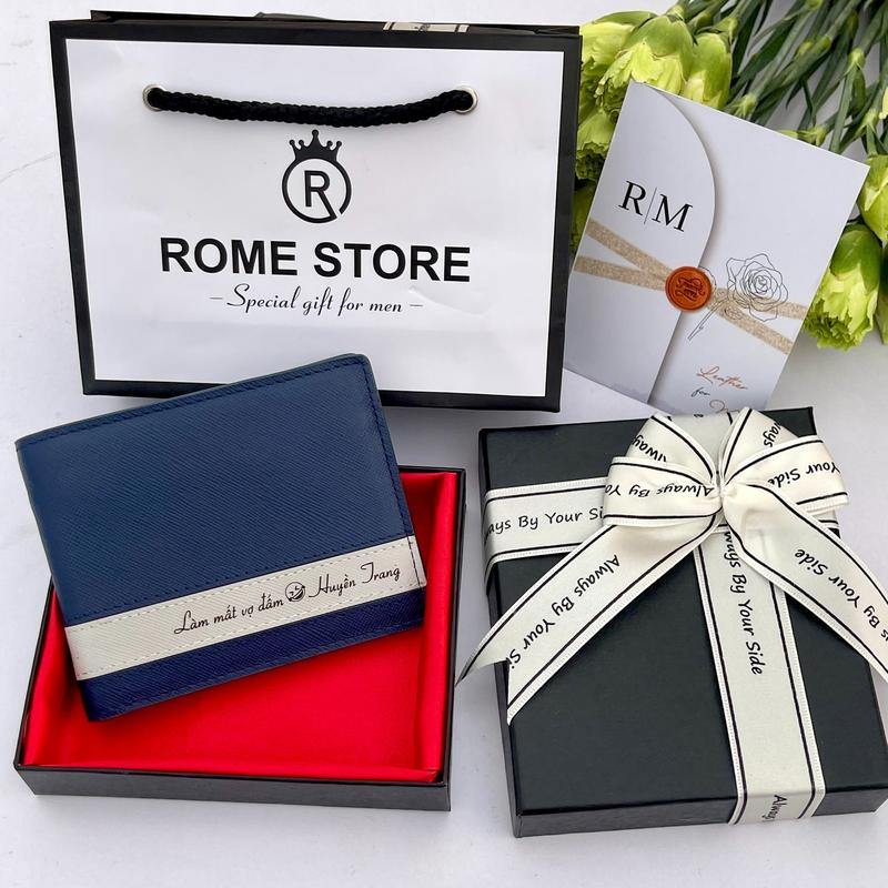 [QÙA TẶNG NAM GIỚI] Ví bóp nam da thật khắc tên theo yêu cầu - Kem Wallet Hình chữ nhật tặng kèm túi thiệp hộp nơ sang trọng