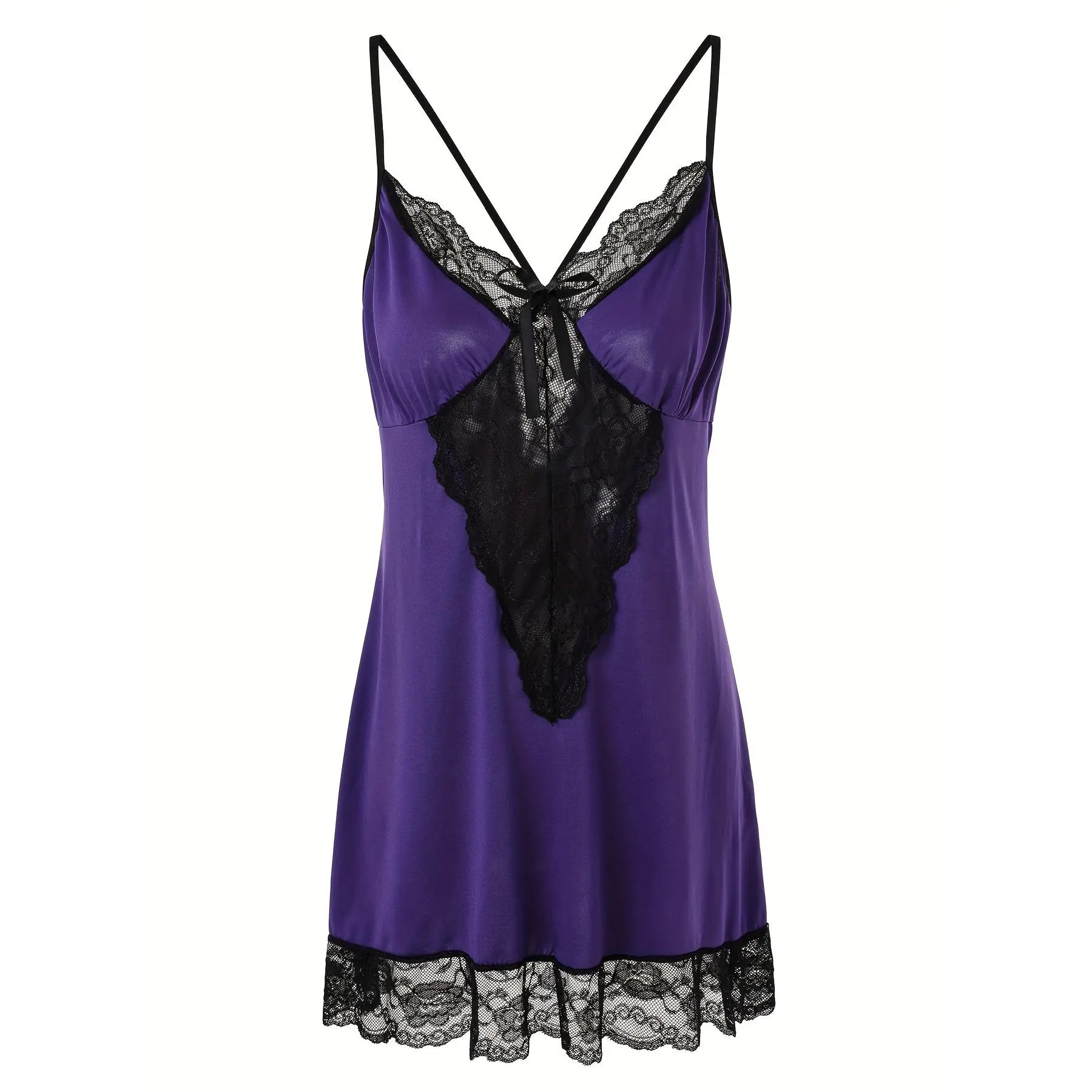 Plus Size Seduction Lingerie Dress - Flattering Plus Size Design, Delicate Bow Decor, Intricate Lace Stitching, Classic V Neck, Stylish Halter Neck - Womens Sexy Romantic Nightwear