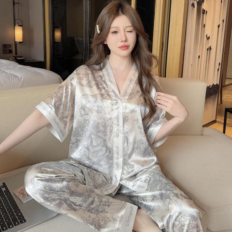 Bộ Đồ Ngủ Pijama Cao Cấp, Phong Cách Pháp, Quần Dài Ngắn Tay, Chất Liệu Lụa Lạnh Dành Cho Nữ, Thích Hợp Mặc Nhà, [Thanh Toán Khi Nhận Hàng] 0