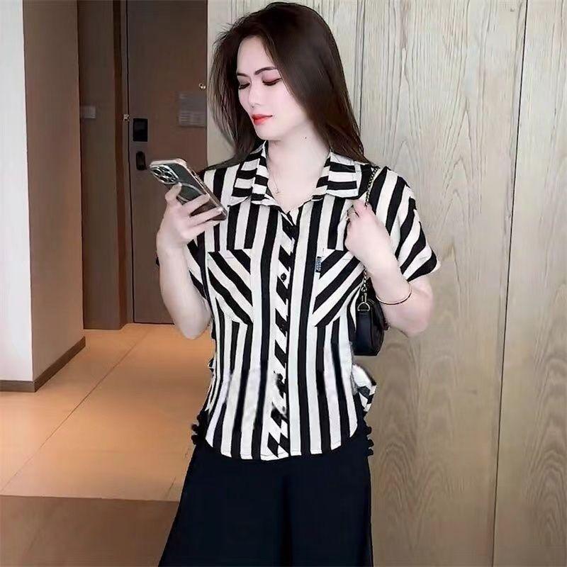 Áo Sơ Mi ngắn Tay Sọc, Hợp Xu hướng, Dành Cho Phụ Nữ, Thời Trang Mới Mùa Hè, Phong Cách Mẹ, Áo Bó Sát Áo Mặc Bên Ngoài Sành Điệu, Áo Cánh ống loại thẳng đóng cúc áo cánh & áo sơ mi kute đính charm áo cánh & áo sơ mi uniq  lovietnam Quần Bò Jeans giặt bằng 4