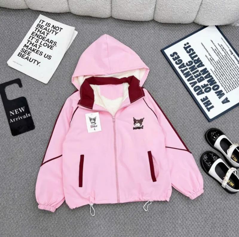 SHURY Áo khoác gió KUROMI LÓT LÔNG cừu + lót lưới cho bé gái 15-42kg LOẠI ĐẸP in hình cute cho bé áo khoác gió 2 lớp phối viền tay chống gió chống nước tốt