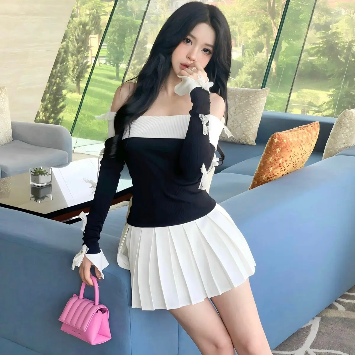 [HÌNH ẢNH ĐỘC QUYỀN- DESIGNED BY BD.BRAND ]-  SET ÁO LEN TĂM TRỄ VAI NƠ VAI+ CHÂN VÁY TRẮNG XẾP LY JENNY DỄ THƯƠNG Quần Thun Nhung Lịch Nhung Lịch