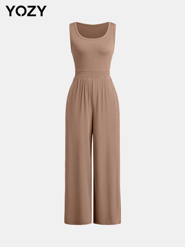 YOZY Solid High Waist Wide Leg Tank Jumpsuit/ Casual Comfort Sleeveless Jumpsuit, Women's Daily Wear for Summer & Autumn 2