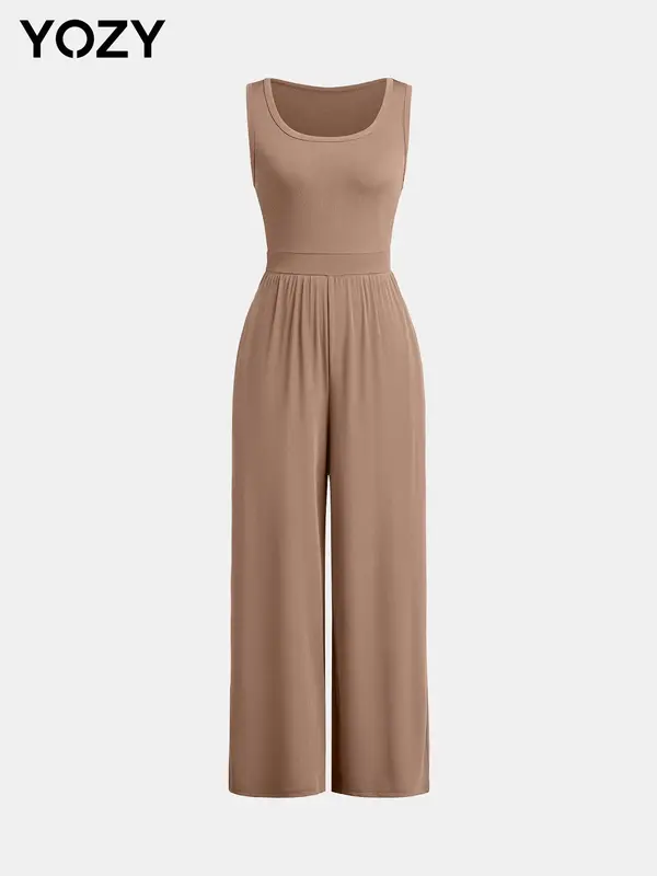 YOZY Solid High Waist Wide Leg Tank Jumpsuit/ Casual Comfort Sleeveless Jumpsuit, Women's Daily Wear for Summer & Autumn 2