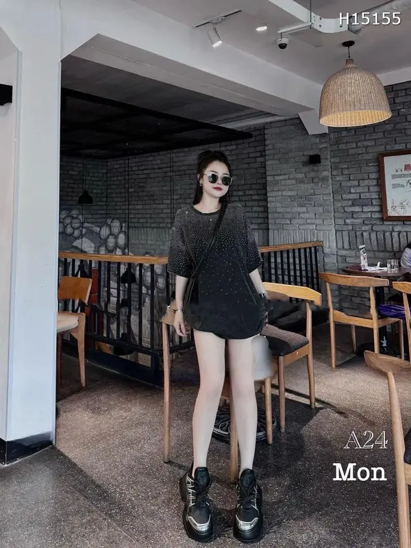 Áo Phông Loang Đính Đá Dáng Rộng, Áo Thun Form Thụng Dấu Quần Hàng QC Loại 1 Cao Cấp Nữ Women Top Nhung Top Nhung - Cotton Vải Loang Cao Cấp 2