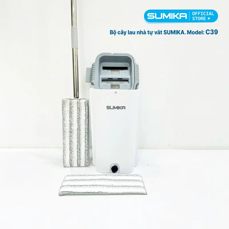 Bộ cây lau nhà SUMIKA C39, thùng lau nhà 2 ngăn tự vắt thông minh, chổi lau sàn nhà 360 độ, 2 bông lau, 1 móc treo cây lau sàn 6