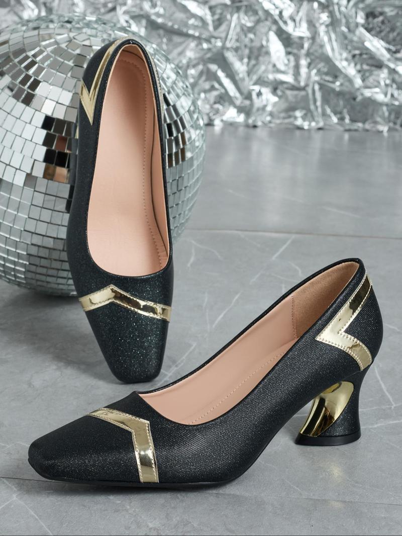 Product Introduction of Women's Fashionable Metallic Square Toe High Heel Shoes, Elegant  Slip on Shoes for Party, Daily Clothing Decor for Women & Girls 4