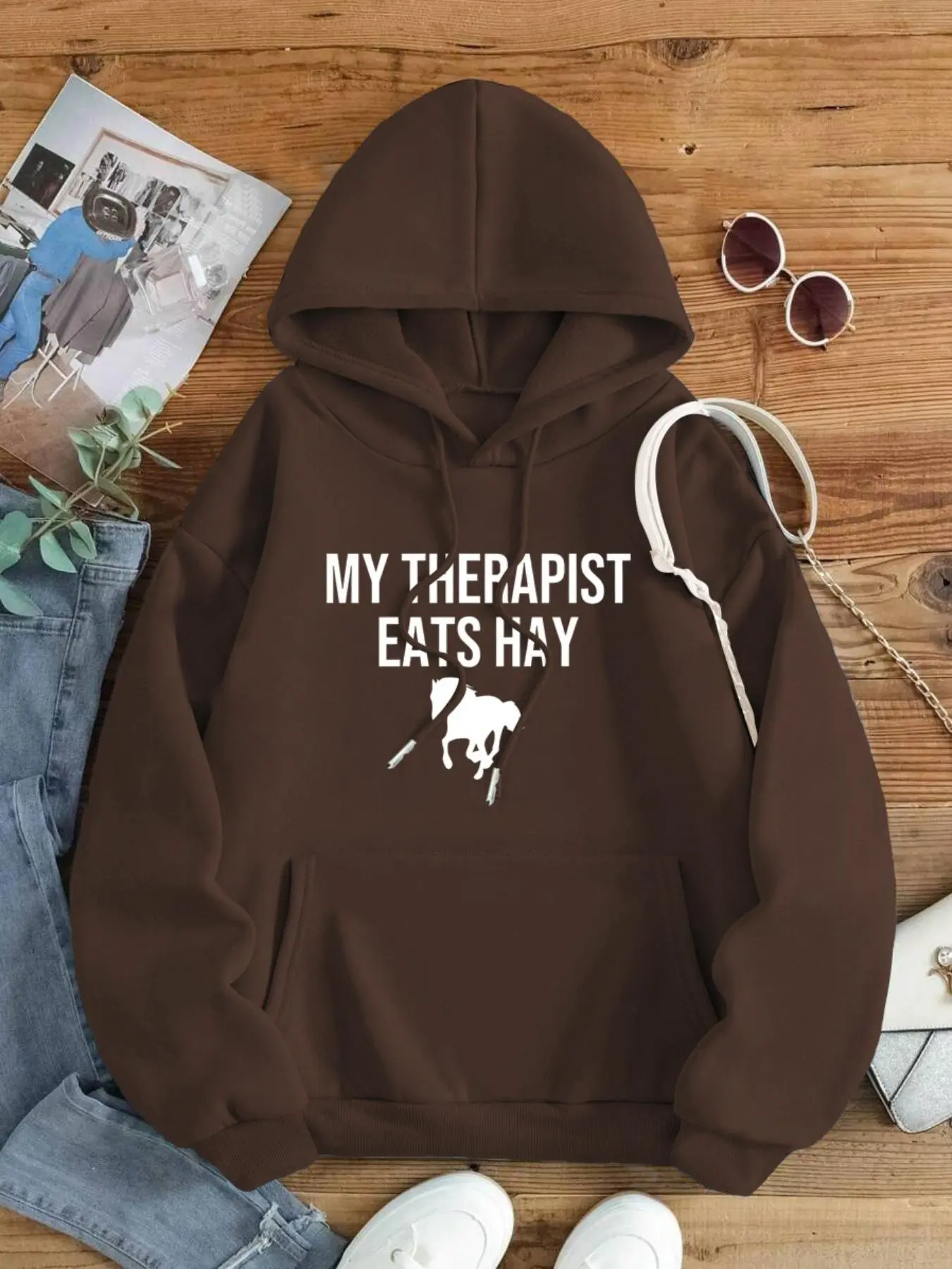 Women's Cartoon Horse & Letter Print Drawstring Pocket Hoodie, Casual Long Sleeve Hooded Sweatshirt for Fall & Winter, Women's Clothes for Daily Wear
