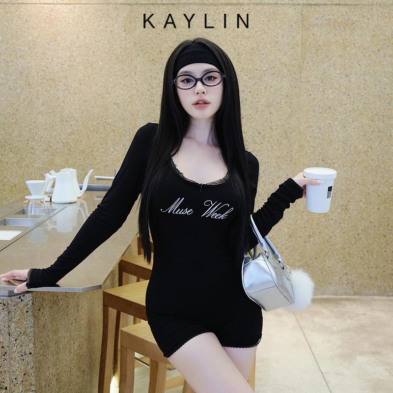 Bộ bodysuit nữ KAYLIN tay dài cổ u phối ren chất vải thun co giản phong cách năng động - N2351