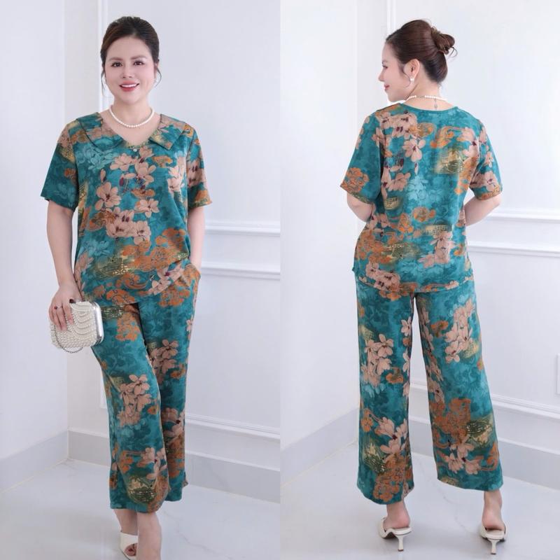 MS03 Đồ Bộ Trung Niên, Áo Cổ Nút,, Quần Suông 9 tấc, Vải Luạ Nhập cao cấp Nữ Women Top Jacket