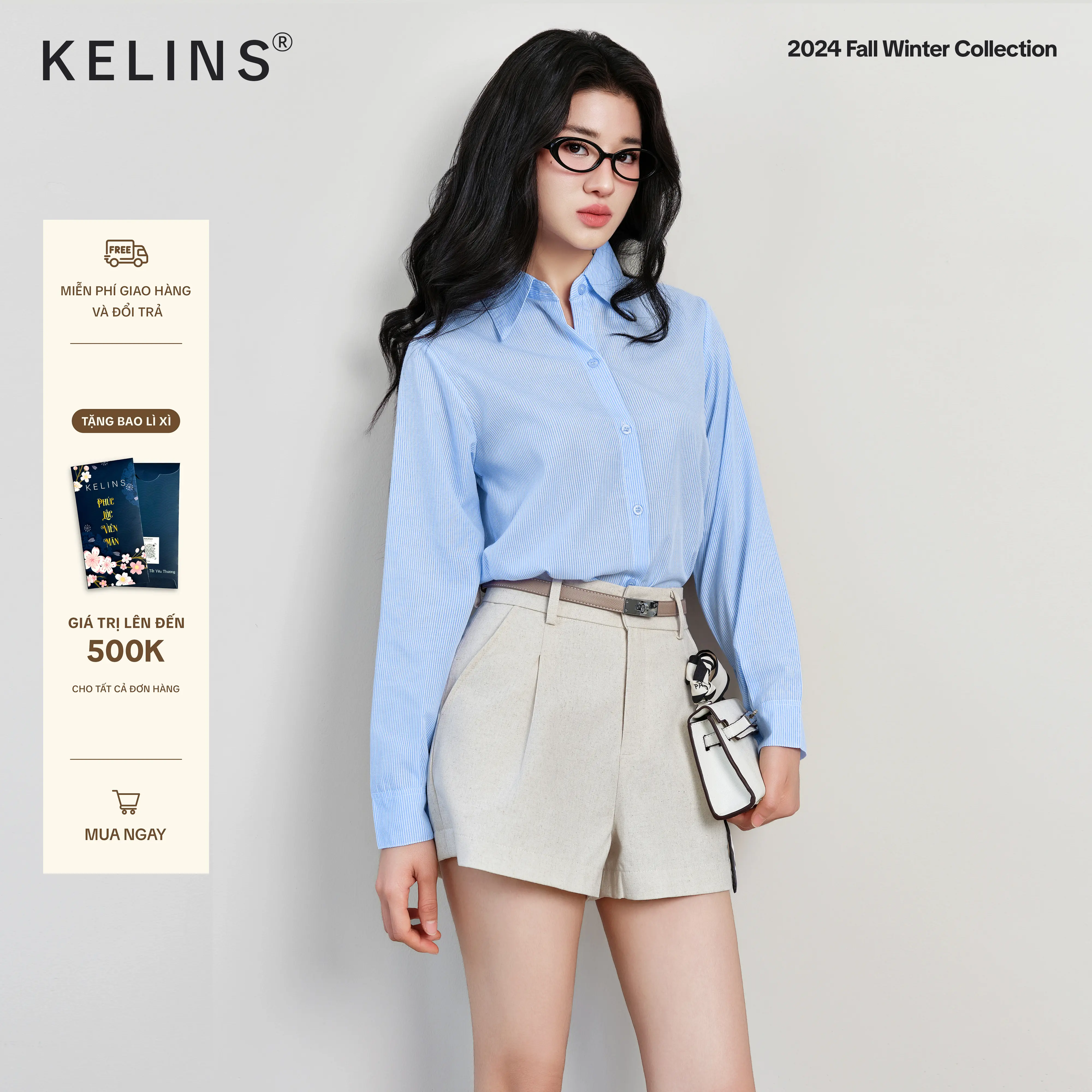 Áo Sơ Mi Xanh Sọc Trắng Kelins, Chất Cotton, Freesize Nữ