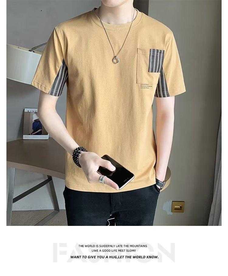 Product Introduction of Summer Men's Striped Stitching Short-Sleeved T-shirt Men's Fashion Brand Summer Pocket round Neck Half-Sleeved T-shirt Trendy Loose Top T Menswear Lingerie 8