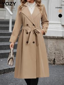 YOZY Women's Solid Double Button Belted Trench Coat, Casual Lapel Collar Long Sleeve Coat for Fall & Winter, Women's Clothing for Daily Wear