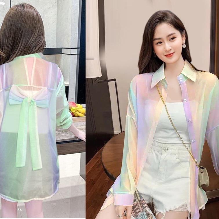 Áo Sơ Mi Nơ Lưng Cầu Vòng Ánh Kim Vải Voan Mỏng Nhẹ Kèm Áo Lót Trong - Nữ Kem Top