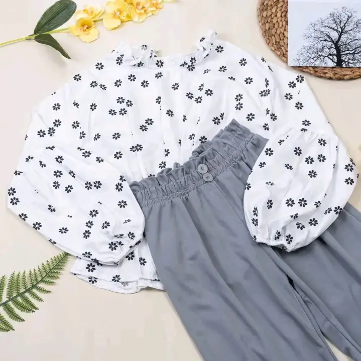 One set bytha floral / satu set baju dan celana remaja kekinian Army Atasan Setelan Wanita Panjang Katun