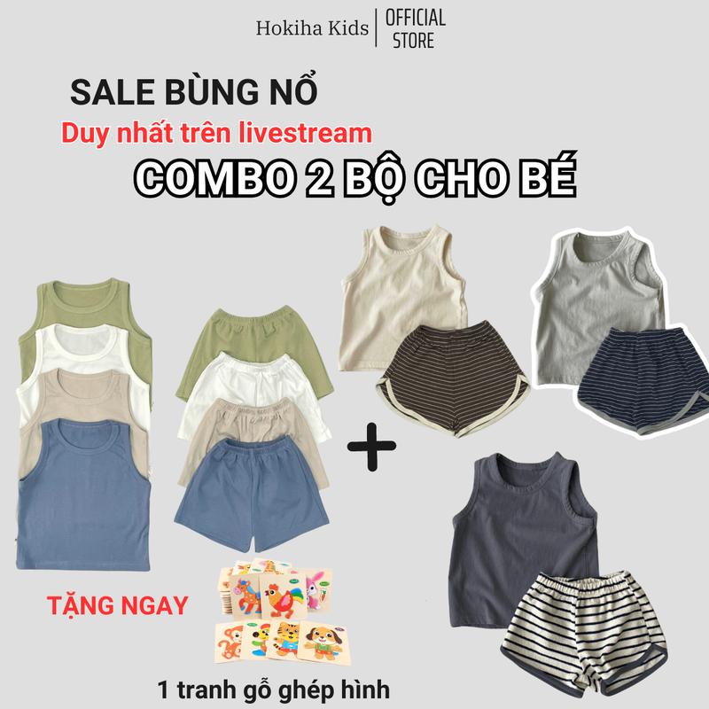 [Hokiha Kids] Te579&TE589-Combo 2 Bộ quần áo cho bé trai bé gái gồm 1 bộ quần áo ba lỗ cotton và 1 bộ quần áo ba lỗ áo cotton, quần thun tăm lạnh size 8-17kg