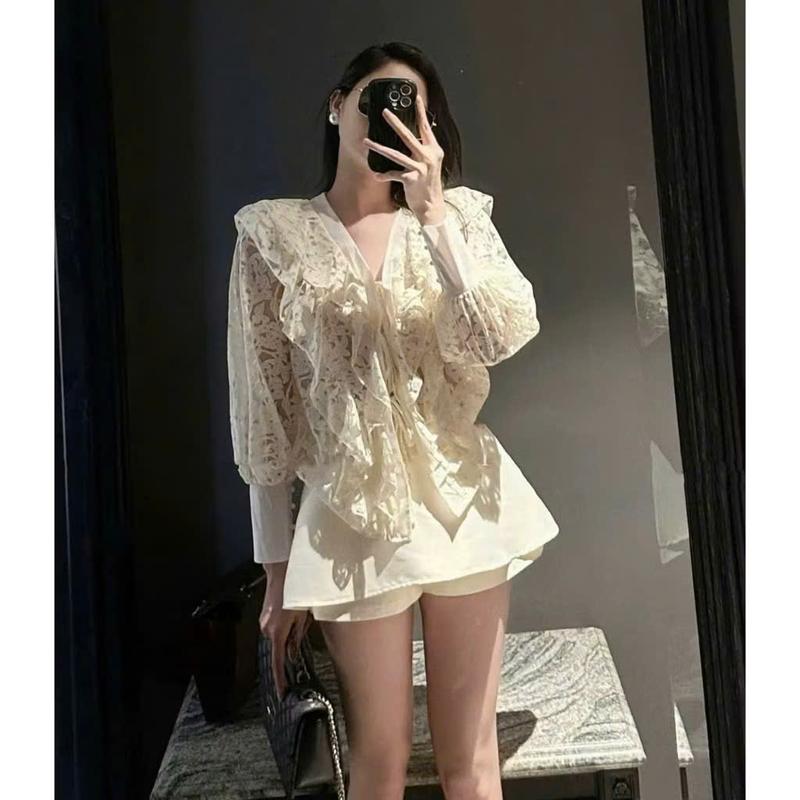 BIGSIZE HIẾU HIẾU (55-95KG) - Set thời trang Áo ren hoa tay dài cột nơ phối bèo + Chân váy quần tafta