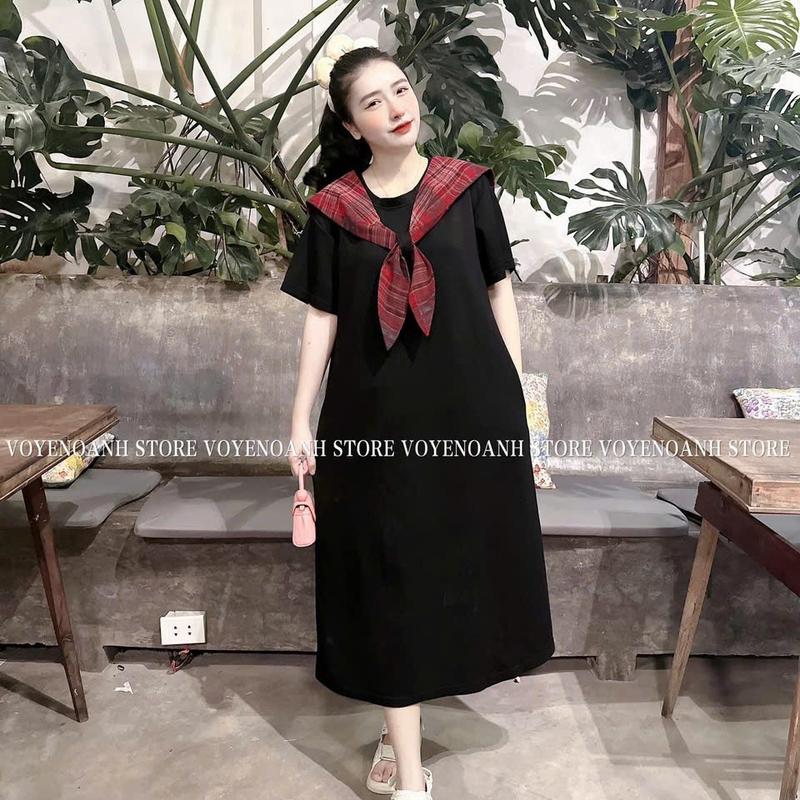 Đầm Bầu Coton Thuỷ Thủ Phối Khăn Kẻ Đỏ Free Size 40-75kg Cho Mẹ Bầu Và Sau Sinh Thun Váy Bầu