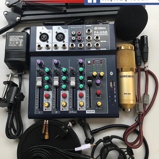 Chọn bộ mic hát livestream thu âm mic BM900 kèm Mixer F4 Có đầy đủ phụ kiện tai nghe chân kẹp mic dây kết nối bảo hành 6 tháng