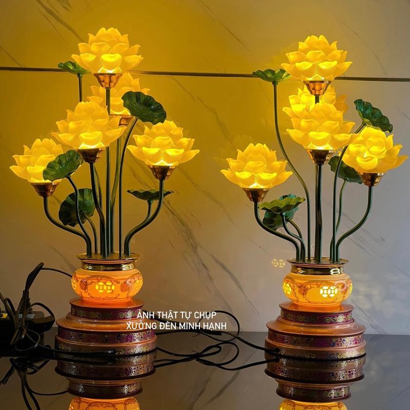 Đèn Thờ 5 Bông Hoa Sen Cành Xanh Thân Bát Sứ Đồng Xu | Cao 60cm | TẶNG LED DỰ PHÒNG | Giá 1 Đôi