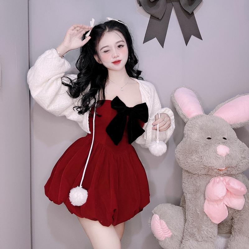 Set Váy Quây Bồng Nơ Nhung Kèm Áo Choàng Quả  Bông len, chất nhung dày kèm len lông kiểu thông thường phù hợp nhiều lứa tuổi ( ảnh thật) ( có lẻ váy)