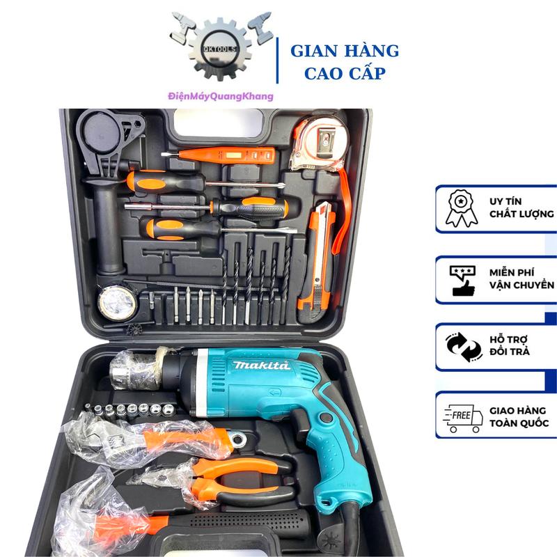 Bộ máy khoan điện , máy khoan tường sắt gỗ 13 ly RE full đồ nghề gia đình,tặng kèm phụ kiện 45 chi tiết