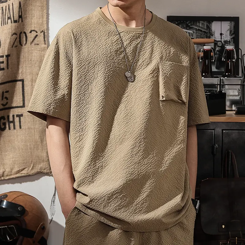 Quick-Drying Japanese Style Seersucker Casual Short-Sleeved Men's Thin Oversized Loose-Fitting T-shirt Summer Three-Dimensional Pocket round Neck Top
