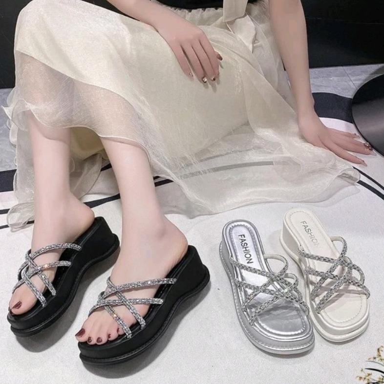 Dép bánh mì nữ cao 5 cm NGỌC TRINH STORE quai xoằn 4 đường chéo lấp lánh tiểu thư KB 034 DéP Shoes Nhung Jean GiàY Sandal Đồng