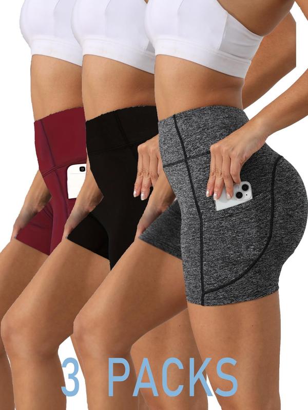 Women's 3pcs Plain Pocket High Waist Sports Short Leggings, Summer Clothes Women, Comfy Stretchy Seamless Skinny Solid Biker Shorts for Yoga Gym Workout, Ladies Sportswear Bottoms for Summer, Tummy Control, Athletic Shorts 2