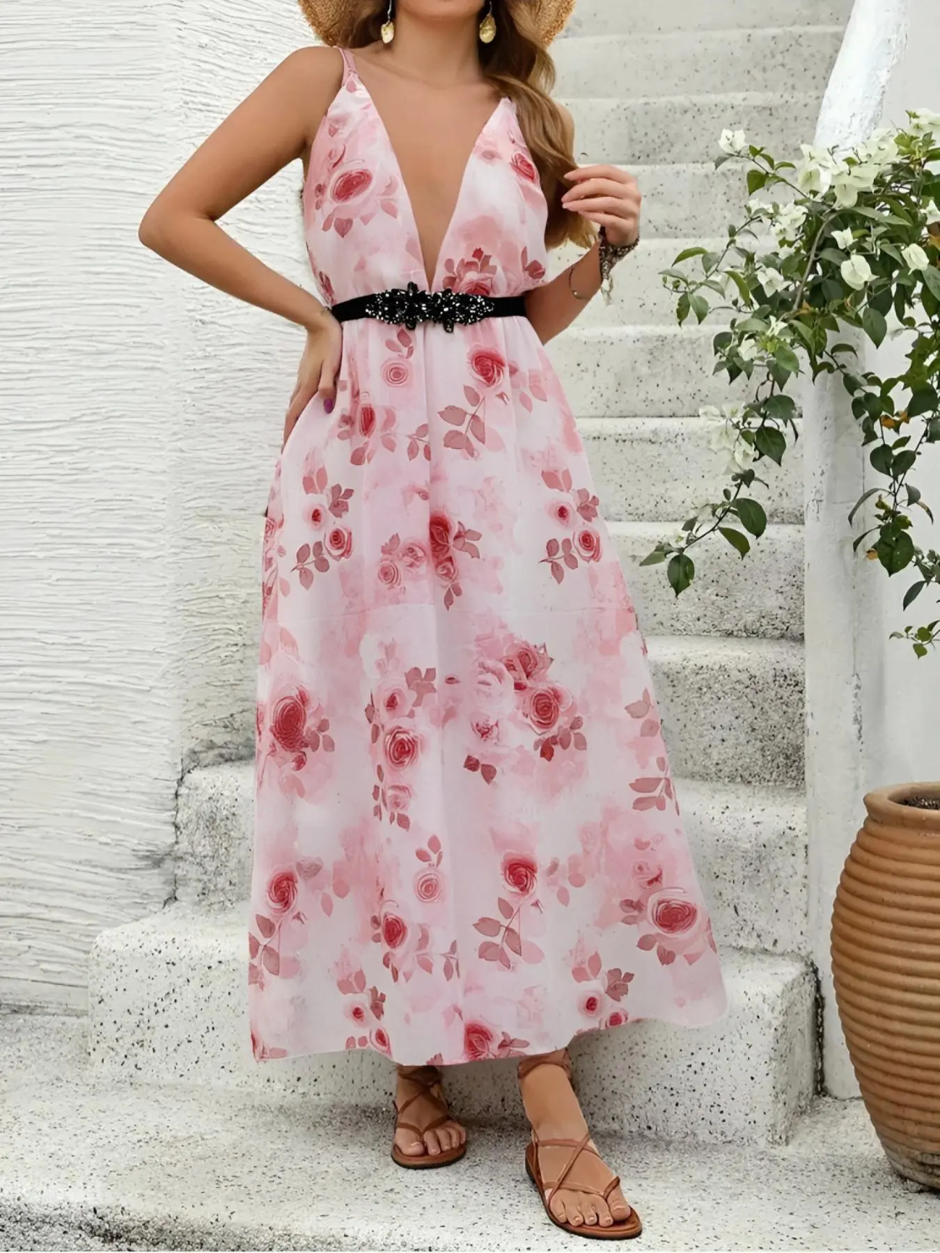 Women's Floral Print Chiffon Dress, Elegant V Neck Sleeveless Dress for Party Holiday Wedding Guest, Ladies Clothes for All Seasons