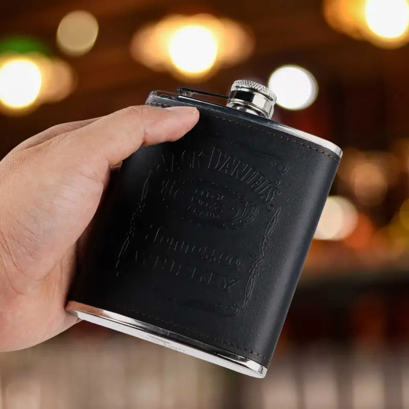 Botol Bir Hip Flask Stainless Leather 7Oz with Shot Glass 7