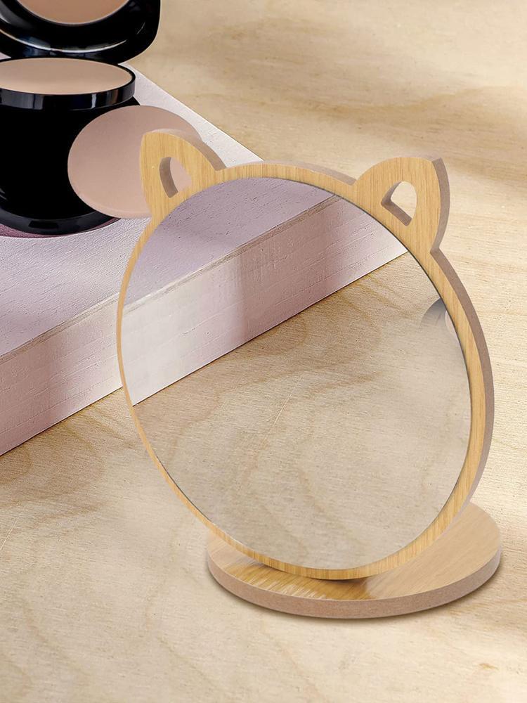 Product Introduction of Makeup Table Mirror, Stylish Wooden, Cat Ear Design, Angle Adjustment, Round Mirror, Home Use, Bathroom Bedroom, Travel Camping 13