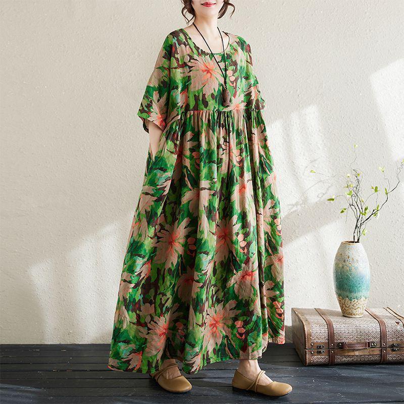 Product Introduction of Mom Summer Clothes plus Size below the Knee Dress Mid-Length Short Sleeve Middle-Aged and Elderly Summer New Western Style Slimming Skirt Casual Womenswear 1