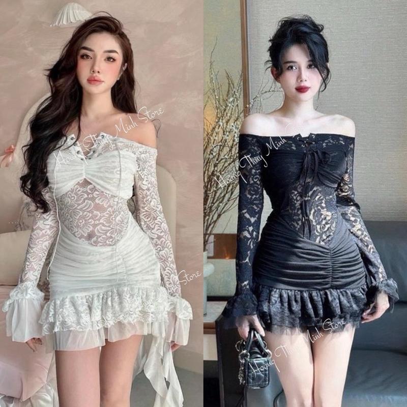 Đ9 - Đầm Ren Cao Cấp Đan Dây Tay Loe Phối Nhún Eo Dây Tua Rua Khoá Kéo Sau Đi Tiệc Sang Chảnh Nữ Women Dress Váy Quần Bảo Hộ Rời