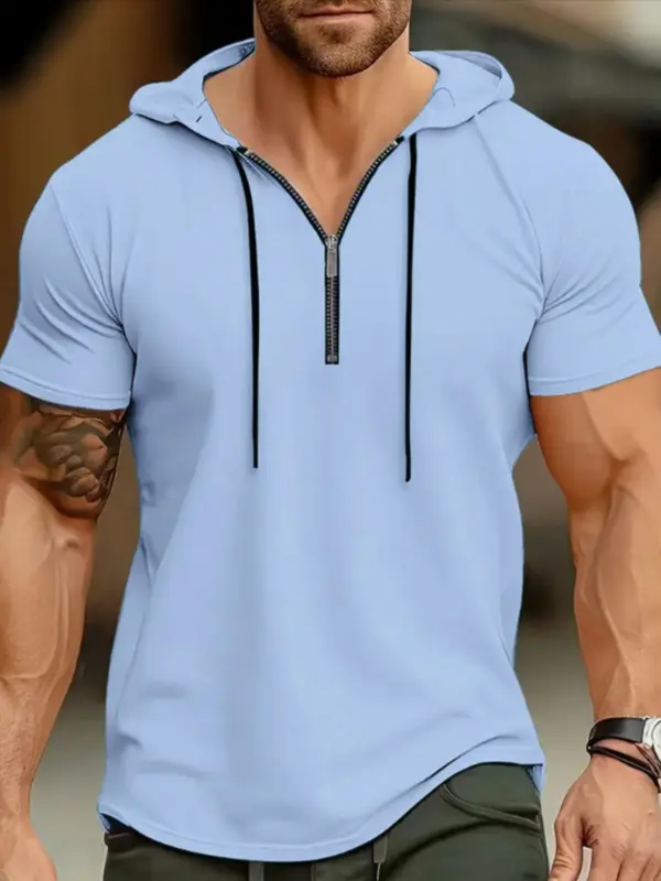 Men's Solid Zip Up Hooded Tee, Regular Fit Casual Breathable Short Sleeve T-shirt for Summer, Men's Top for Daily Wear, Sweatshirts 6