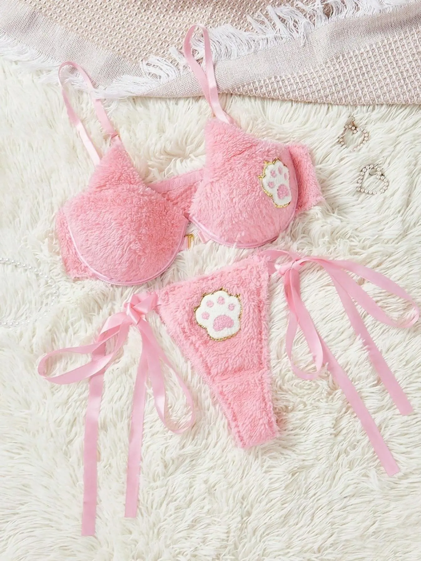 Women's Paw Patched Underwire Bra & Tie Side  Thong Two-piece Set, Adjustable Strap Push Up Bra & Panty Set, Lingerie Set for Women