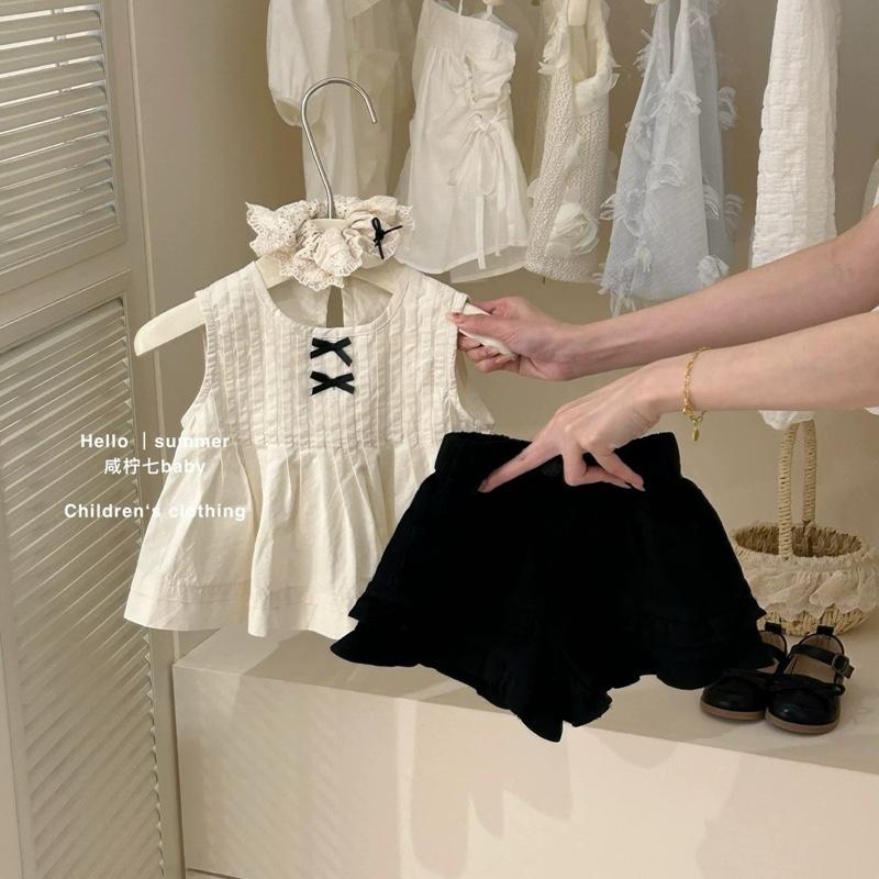 S322-[Tom&Nau Kids] Set áo sơ mi sát nách phối quần short jean cho bé gái - Size 8-30 Kg