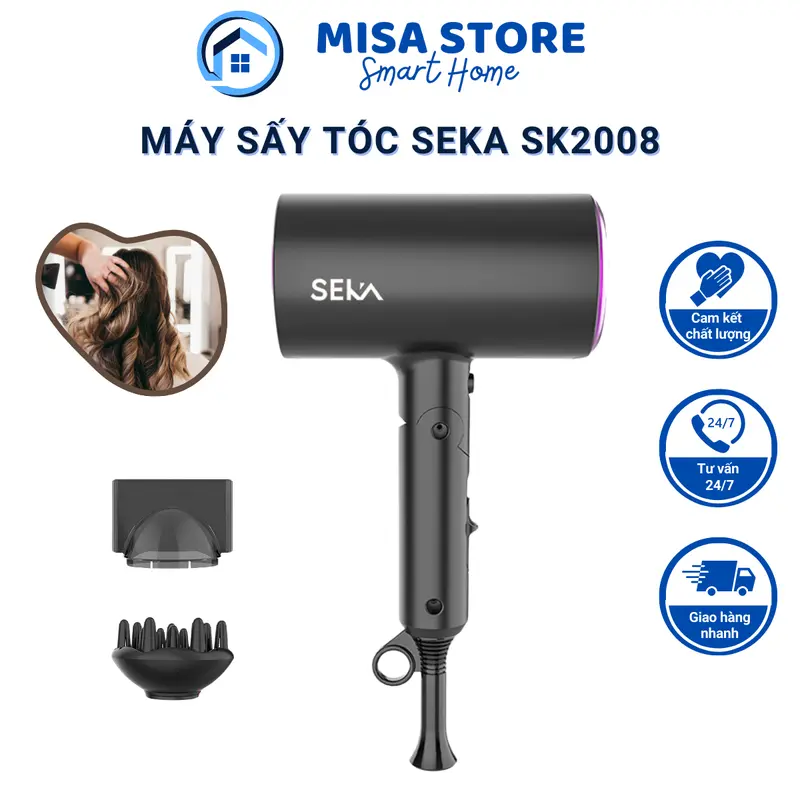 Máy sấy tóc công suất lớn 2 chiều nóng lạnh SEKA SK2008 công suất 2200W nhựa PPE chịu nhiệt tạo kiểu với 3 chức năng sấy 0