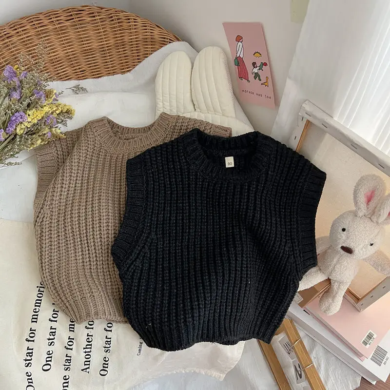 Áo Len Áo Len Áo Chui Đầu Áo Vest Len Dày, Phong Cách Hàn Quốc Nghệ Thuật Phong Cách Mori HK, Dành Cho Trẻ Em, Không Tay, Thích Hợp Cho Bé Trai Và Bé Gái, Hợp Xu hướng, Mùa Xuân
