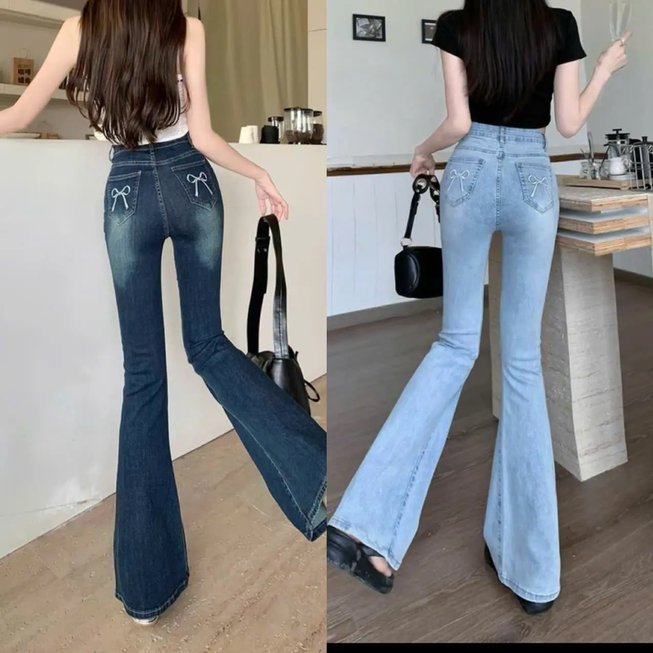 [M31] QUẦN BÒ LOE THÊU NƠ TÚI SAU,2 MÀU XANH ĐẬM,XANH NHẠT VẢI QCCC DÀI 95CM